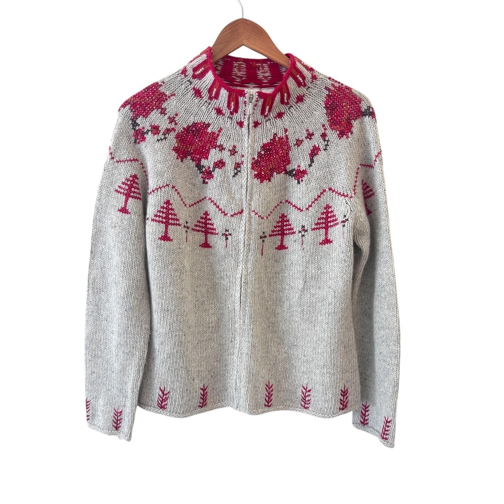 Villager Sport Sweater Cardigan Womens L Angora Mock Neck Fair Isle Zip Cabin